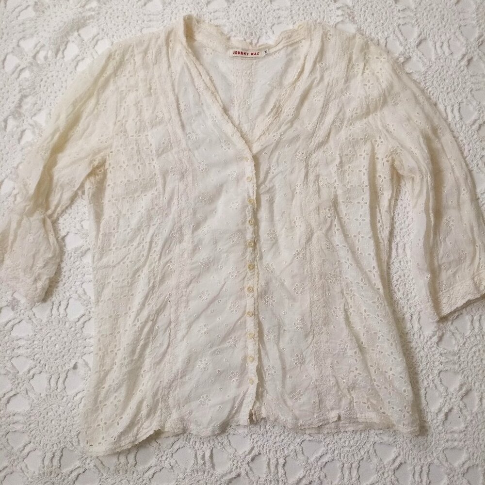 Johnny Was Button Up Shirt Blouse Top Ivory Eyelet VNeck 3/4 Sleeve Medium Women